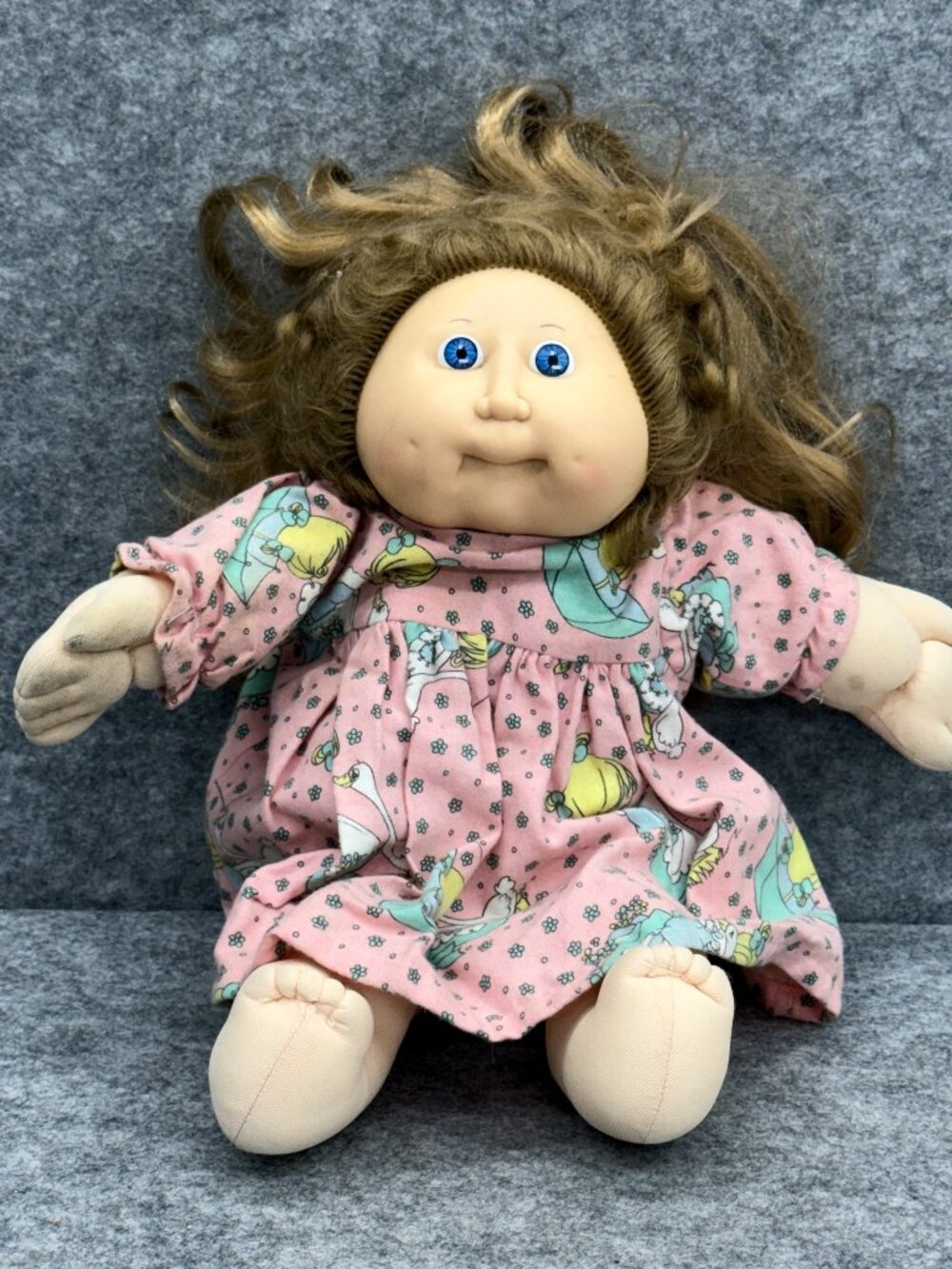 Vintage 1980s Cabbage Patch Kids Doll 2 Dimples, Brown Hair Blue Eyes Pink Dress